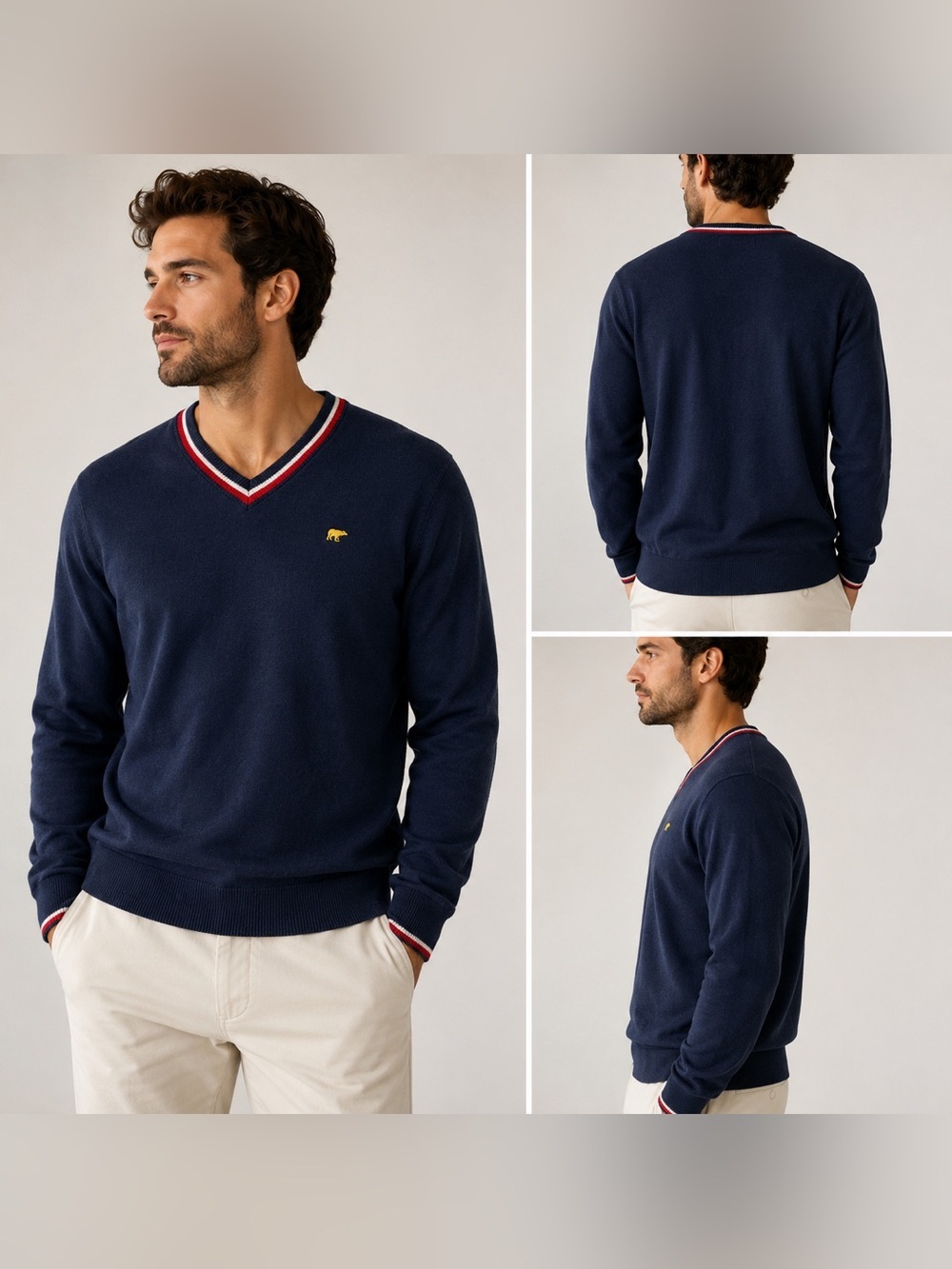 Jack Nicklaus Men's V-Neck Collar & Cuffs Sweater Navy with Red and White Trim